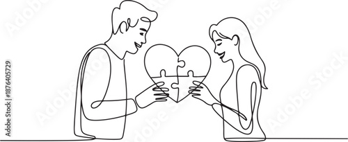 Single continuous line drawing of young happy man and woman put the puzzle pieces together to form cute heart shape. Romantic marriage love concept. one line Icon drawing