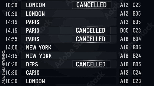 Cancelled Flights Information Board Displaying Disrupted Travel Schedules