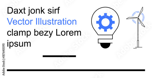 Renewable energy, green technology, clean energy, sustainable solutions, creativity, innovation. Lightbulb with gear, wind turbine text. Renewable energy and green technology concept