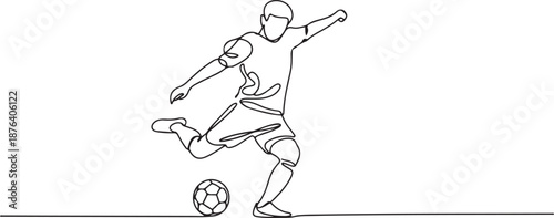 One single line drawing of young energetic football striker take a free kick shoot at the game. Soccer match sports concept. one line Icon drawing