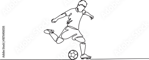 One single line drawing of young energetic football striker take a free kick shoot at the game. Soccer match sports concept. one line Icon drawing