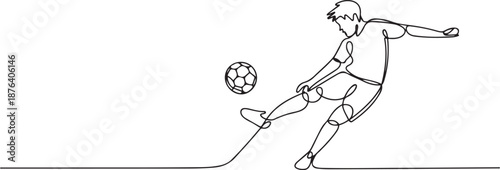 One single line drawing of young energetic football striker take a free kick shoot at the game. Soccer match sports concept. one line Icon drawing