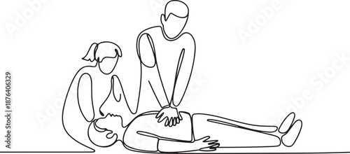 Single continuous line drawing emergency doctors doing cardiopulmonary resuscitation of a man. Paramedic giving indirect heart massage first aid to patient. one line Icon drawing