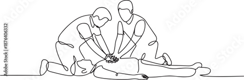 Single continuous line drawing emergency doctors doing cardiopulmonary resuscitation of a man. Paramedic giving indirect heart massage first aid to patient. one line Icon drawing