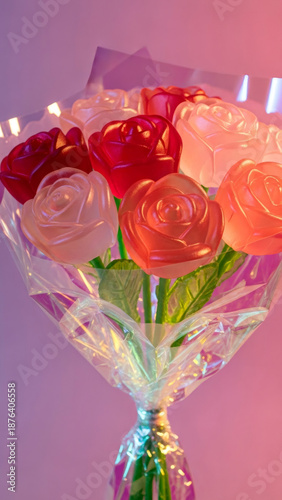 Bouquet of colorful edible jelly rose flower candy. Sweet treat or unique gift for Valentine?s Day, love celebration, or romantic occasion.