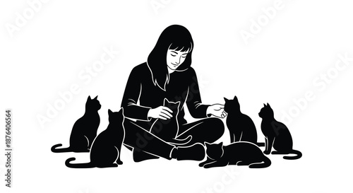 a woman sitting with multiple cats in a distinctive silhouette style image silhouette high quality professional