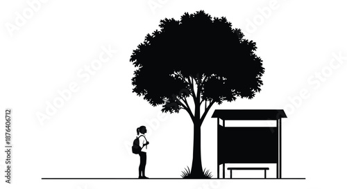 a person standing next to a tree and a bus stop silhouette high quality professional detailed