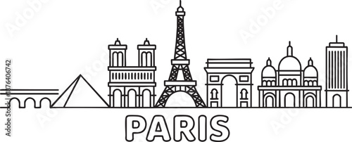 Paris city line skyline vector illustration with text, minimal style cityscape with famous landmarks