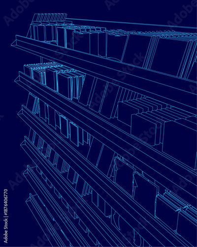 A 3D model of a bookshelf contour filled with books, resembling a well-stocked library or shop display with a clean blue background.