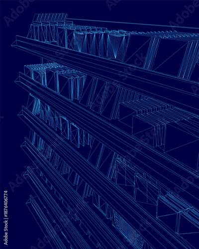 A 3D wireframe model of a chocolate shop interior, featuring detailed blueprints of display shelves and snack storage areas against a solid blue background.