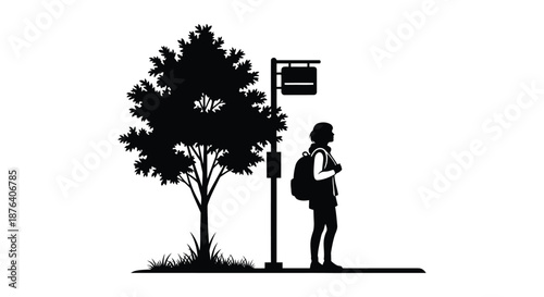 a person with a backpack standing next to a tree and a signpost silhouette high quality