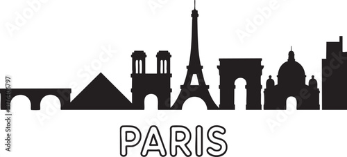 Paris city solid black skyline vector illustration with text, minimal style cityscape with famous landmarks