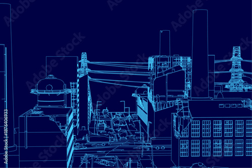 A post-apocalyptic city blueprint depicts a detailed factory contour with multiple buildings and chimneys against a dark blue background.