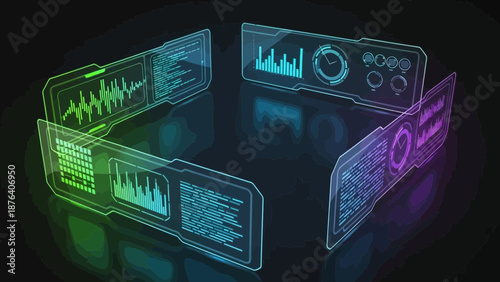Futuristic technology interface with data visualization on transparent screens