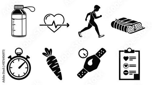 Health and Fitness Solid Icons Set Black Minimal Vector Pictograms