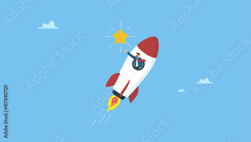 Businessman riding fast rocket to catch golden star. Innovation to help or support work success, entrepreneurship or winning business challenge, work opportunity or business accomplishment.