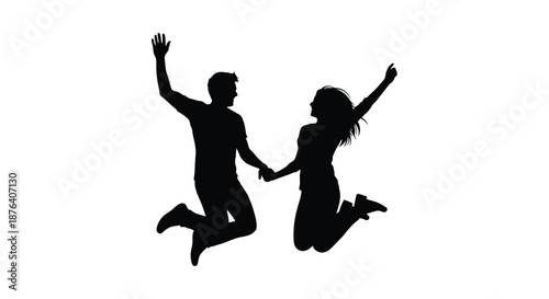 a man and woman jumping in the air with hands clasped silhouette high quality professional detailed