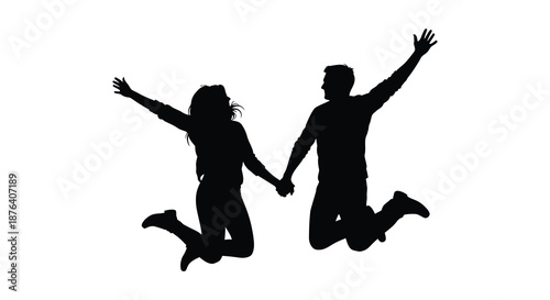 a joyful couple jumping and holding hands in a romantic silhouette high quality professional detailed modern