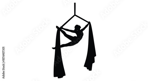 aerial performer in a dynamic pose with fabric silhouetted against a white background silhouette high quality