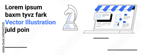 Business strategy, digital marketing, e-commerce, online shopping, branding, innovation. Chess knight alongside a digital storefront graphic. Business strategy and digital marketing concept