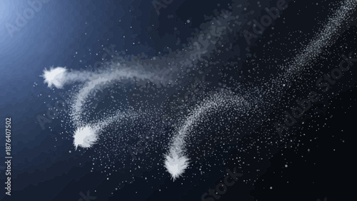 Magical star trail illustration with shimmering white particles on dark blue background