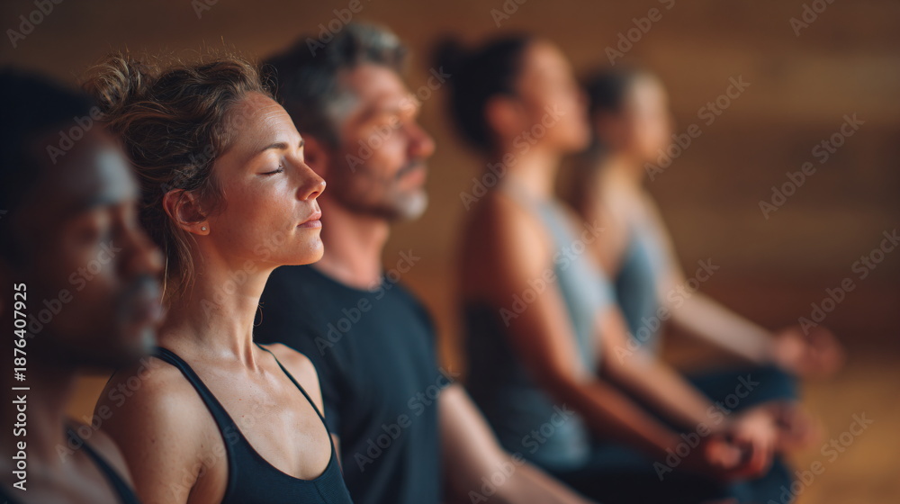 Fototapeta premium group meditation in yoga studio, breath exercise, men and women meditating and breathing with closed eyes, breathwork concept