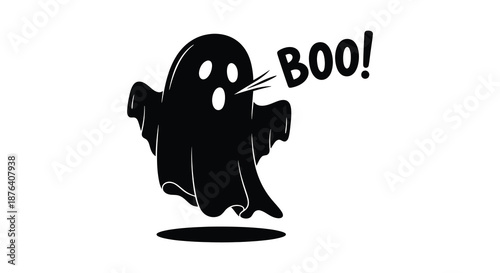 a cartoon ghost with a surprised expression and the word boo silhouette high quality professional detailed