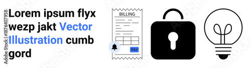 Financial technology, payment security, billing systems, innovation, creativity, online transactions. Image shows a receipt, lock and lightbulb. Payment security and financial technology