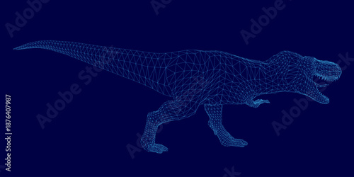 A 3D wireframe model of a T-Rex dinosaur is displayed on a solid blue background. The detailed skeletal structure is formed by interconnected lines and geometric shapes.