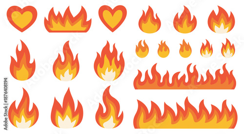 Collection of various cartoon fire flames and heart shapes, featuring fiery textures, playful illustration style, and vibrant elements on white background.