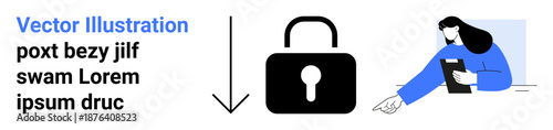 Data security, access control, information privacy, passwords, digital safety, cybersecurity. A padlock icon and a person pointing while using a digital device. Data security and access control