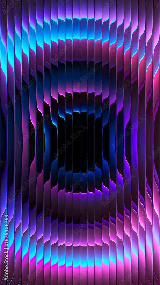 Fototapeta premium Futuristic fractal glass with deep circular gradient glowing in neon purple blue pink tones. Ribbed wavy glass structure with optical refraction and layered depth for creative visual design. 3d render