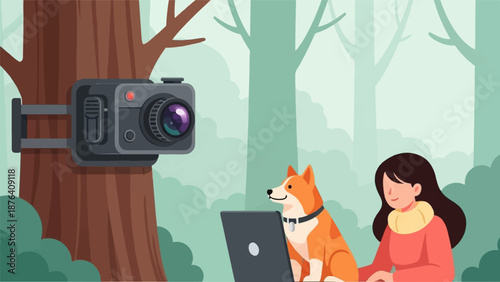 A person and a dog look at a laptop, with a camera mounted on a tree