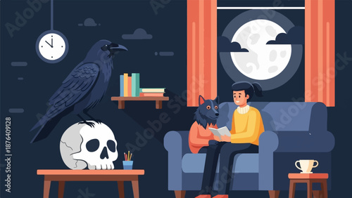 A person and a dog-like creature read a book in a room with a crow on a skull