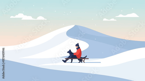 A person and a dog sit on a sled amidst snow-covered hills under a soft sky