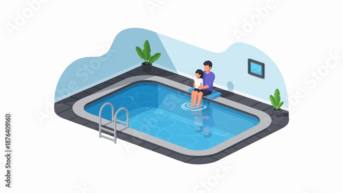 A person and child sit poolside, with feet dangling in the bright blue water