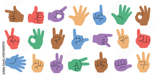 Colorful hands collection, showcasing diverse people gestures including finger pointing, shaking hands, fists, and symbolic hand signs.