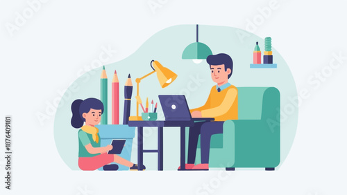 A man works on a laptop beside a girl with a tablet, surrounded by art supplies