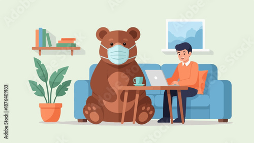 A man works on a laptop beside a masked bear on a couch, with books and a plant nearby