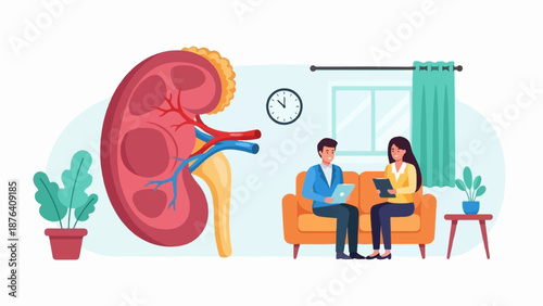 A medical illustration of a kidney with a consultation between two individuals in a modern office