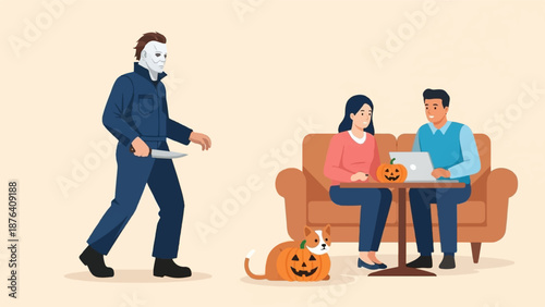 A masked figure approaches a couple and dog near pumpkins