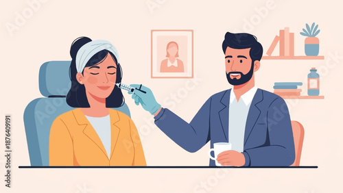 A medical professional administers a cosmetic injection to a client in a cozy office setting