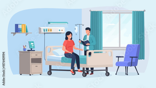 A medical professional consults with a patient in a hospital room with a window and chair