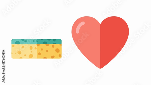 A minimalist illustration shows a yellow and teal sponge beside a pink and red heart
