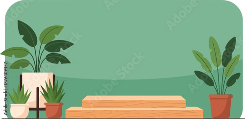 A minimalist scene featuring potted plants and a wooden display stand against a muted green background