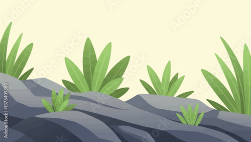 A minimalist scene of stylized rocks and green foliage against a pale yellow background