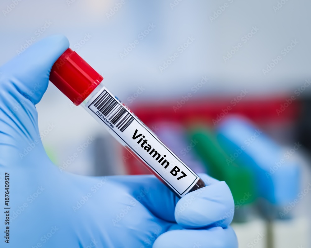 Obraz premium Blood sample tube for vitamin B7 test analysis.