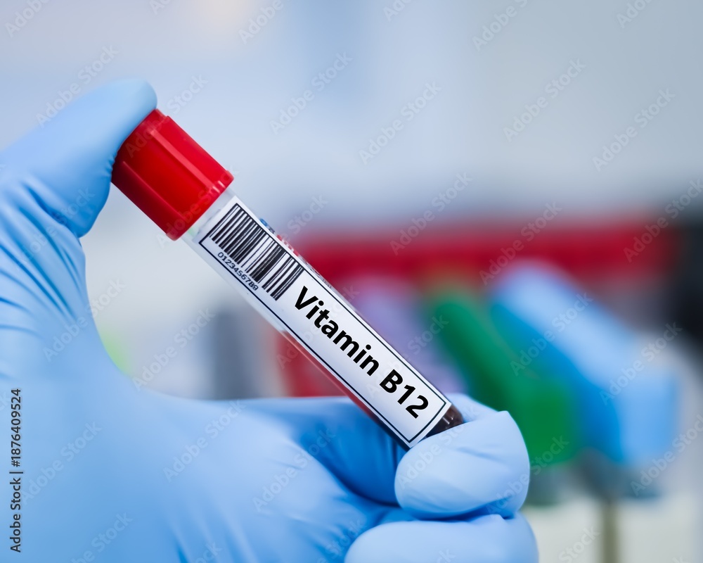 Obraz premium Blood sample tube for vitamin B12 test analysis.