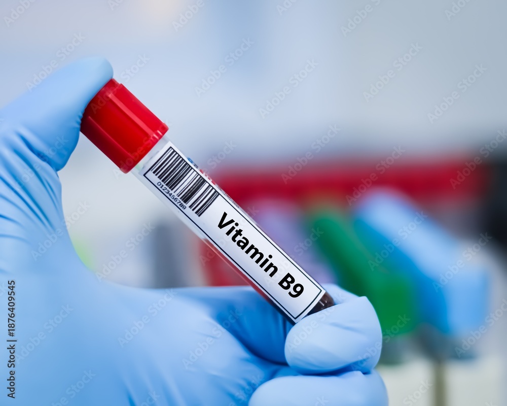 Fototapeta premium Blood sample tube for vitamin B9 test analysis.