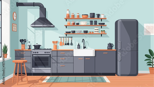 A modern pixel art kitchen scene with gray cabinets, a white sink, and a large refrigerator